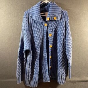 women Cardigan 1x blue chunky cable knit fisherman coastal grandma Sweater Ramie